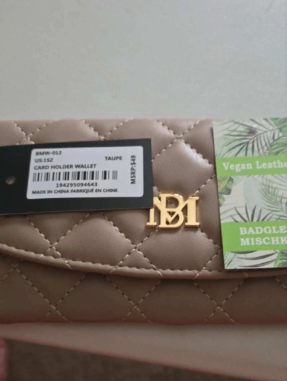 Badgley Mischka Quilted Taupe Wallet Clutch with Gold Logo